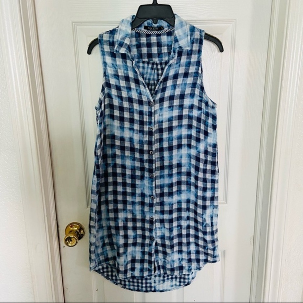 MAX JEANS blue plaid cotton distressed bleach mini dress Size small